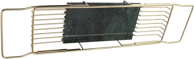 Marhynchus Metal Marble Bathtub Rack, Bathtub Caddy Tray Stainless Steel Shower Caddy Tray with Extending Sides, Bathroom Trays (Gold Green)