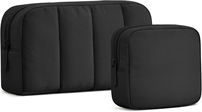 2 Pcs Makeup Bag Travel Toiletry Bag for Women Puffy Padded Cosmetic Pouch Purse Wide-open Makeup Organizer Case Travel Essentials