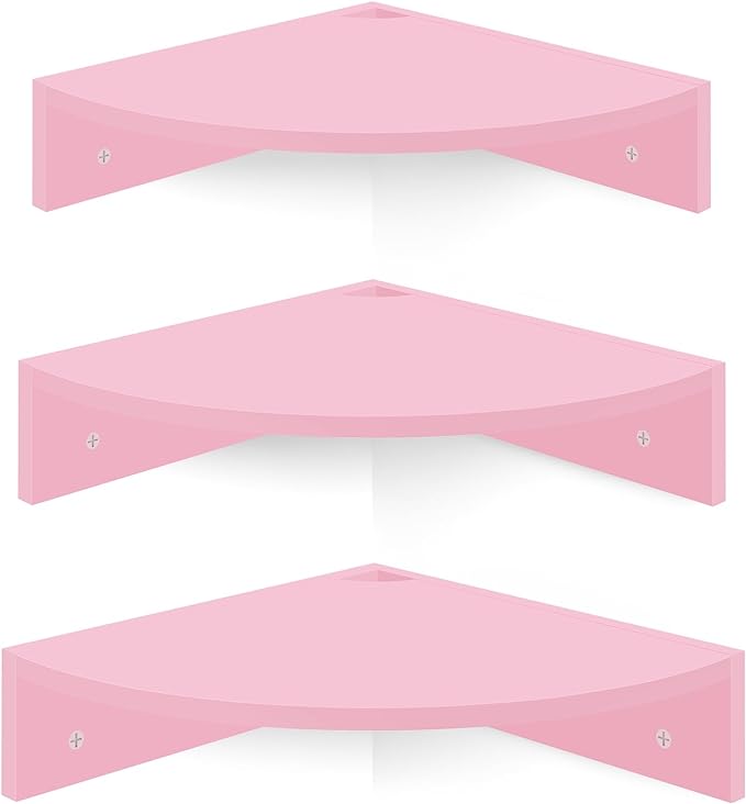 Corner Shelf Wall Mount, Set of 3 Corner Floating Shelves with Cable Hole, 3 Tier Wood Corner Hanging Shelves, Living Room Bedroom Bathroom, Pink