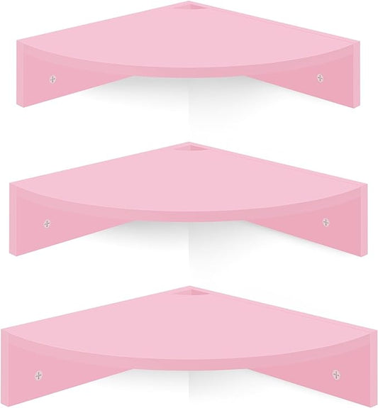 Corner Shelf Wall Mount, Set of 3 Corner Floating Shelves with Cable Hole, 3 Tier Wood Corner Hanging Shelves, Living Room Bedroom Bathroom, Pink
