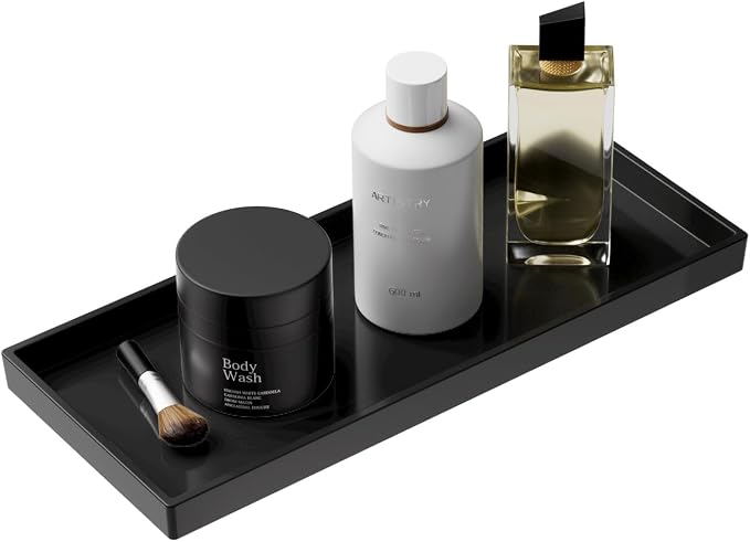 Vanity and Bathroom Tray, 11.8" ABS Countertop Organizer,Waterproof Vanity Tray for Toilet Tank,Perfume,Soap,Keys,Bathroom Accessories,Kitchen and Bath Trays,Non Slip Small Trays,Black