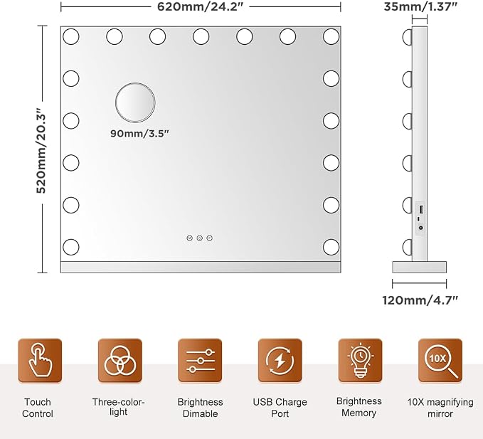 Large Vanity Mirror, Lighted Makeup Mirror with 17 Bulbs Lights | 3 Color Light Modes, USB-A & USB-C Ports, Touch Control, Tabletop & Wall Mounted, Dorm Room Essentials, Gifts for Women