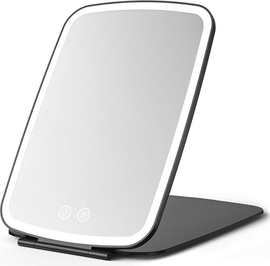NEZZOE Portable Makeup Mirror, Large Travel Mirror with Light, 10”x7” Black | Foldable Makeup Mirror, 2000mAh Rechargeable Battery, 3 LED Lighting Modes, Magnetic Closure