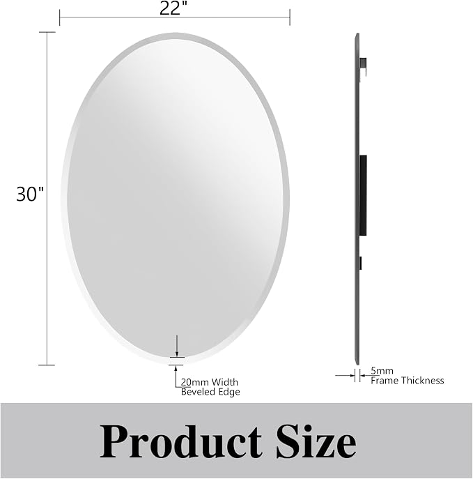 Frameless Oval Mirror, 22"x30" Beveled Bathroom Vanity Mirrors | 20mm beveled edge, 5mm HD glass, frameless, anti-rust, shatterproof, french cleat, horizontally or vertically