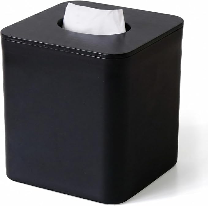 Tissue Box Cover Square, Black Facial Tissue Holder with Black Bamboo Lid | With Natural Bamboo Lid, Waterproof, Durable, Decorative, Fit Standard Cube Tissue Boxes, For Bathroom Bedroom Office Desk