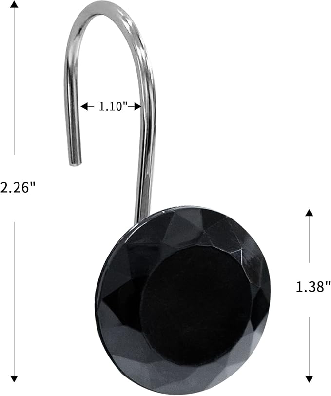 Crystal Diamond Round Shower Curtain Hooks Rings for Bathroom,Black,12PCS | Acrylic Decorative Rhinestones Bling Shower Hooks Rings,for Bathroom Curtains Rod,Gem Metal Rust Proof Shower Hangers