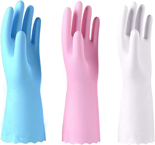 Alimat PluS Kitchen Gloves Latex Free, Cotton Flock Liner, 3 Pairs, Medium | Reusable Dishwashing Gloves with Non Slip Embossed Texture, Waterproof Cleaning Gloves for Laundry, Gardening