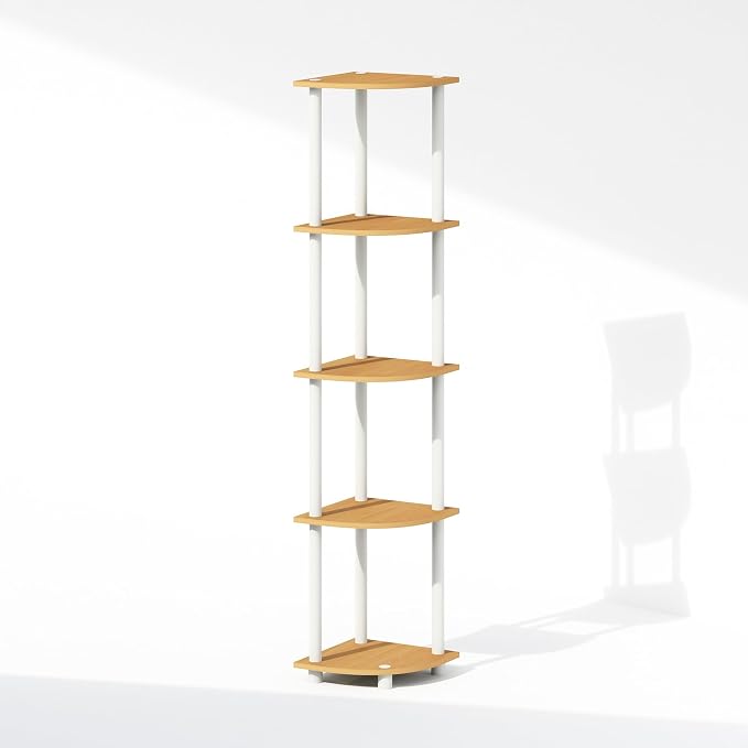 Furinno Turn-N-Tube Storage Shelves, 5-Tier Book Shelf, Corner Shelf, Toolless Open Shelves, for Organization and Storage, Living Room, Home Office, Hallway, Bedroom, Beech