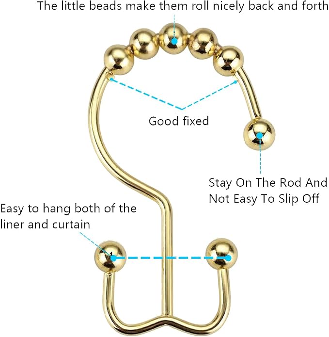 DAWNER Shower Curtain Hooks Rings, Rust Proof Hooks, Metal Easy Glide Double Shower Rings Hooks, Stainless Steel Shower Curtain Hangers for Bathroom Shower Curtains, Set of 12 Hooks, Gold Color