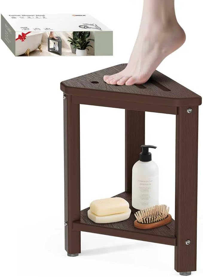 Shower Foot Rest 15in, HDPE Waterproof Shower Stool for Inside Shower, Corner Shower Stool for Shaving Legs with Storage Shelf for Small Space, Shower Step Stool, Plastic Corner Shower Bench, Brown