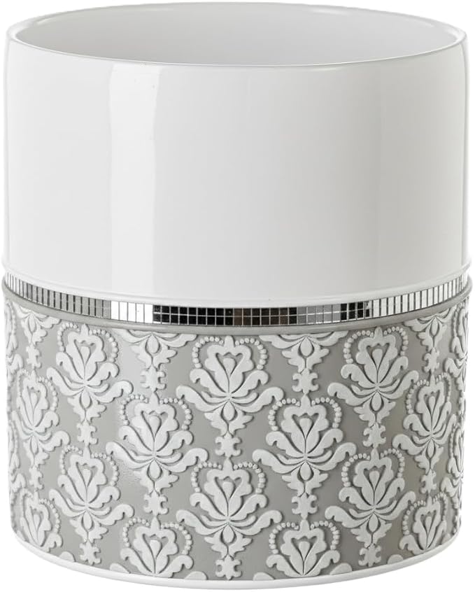 Mirror Damask White & Gray Small Oval Bathroom Trash Can 1.6 Gal / 6L | Decorative Waste Basket - Durable Bathroom Wastebasket - Waste Bin for Powder Room Or Bedroom