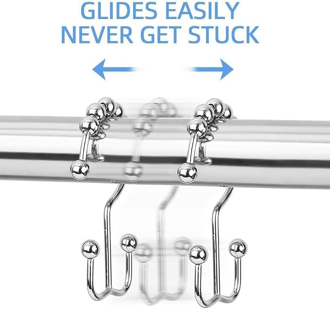 DAWNER Shower Curtain Hooks, Rust Proof Metal Easy Glide Double Rings, Stainless Steel Hangers for Bathroom Curtains, Set of 12, Polished Chrome