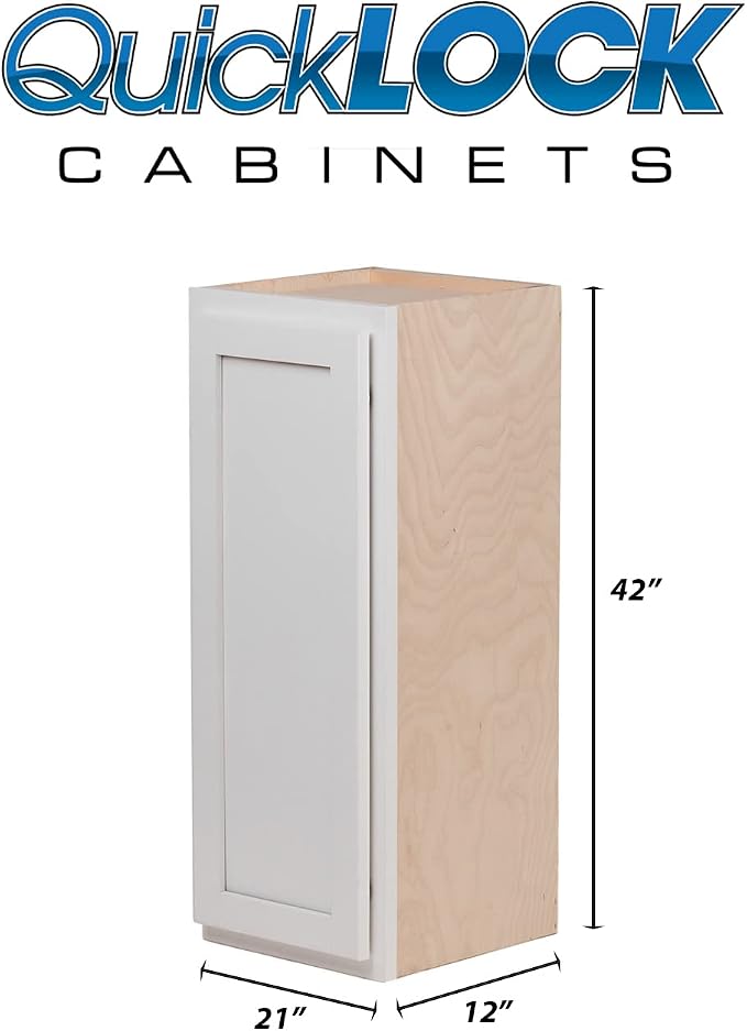 Quicklock RTA (Ready-to-Assemble) 42" Tall Wall Kitchen Cabinets - Shaker Style | 100% Hardwood | Made in America | Soft Close Hardware (Pure White, 12" D x 21" W x 42" H)