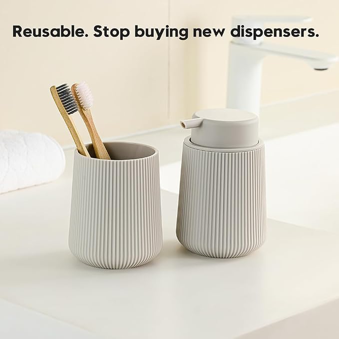 YAUKPH Striped Foaming Hand Soap Dispenser Beige | with Leak-Proof Pump for Bathroom and Kitchen Countertop 11oz
