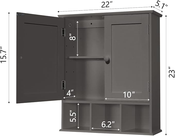 TaoHFE Grey Bathroom Cabinet,Bathroom Wall Cabinet with 2 Door | Adjustable Shelves,Over The Toilet Storage Cabinet,Bathroom Cabinet Wall Mounted,Medicine Cabinets for Laundry Room Kitchen