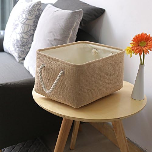 Decorative Basket Rectangular Small Storage Basket Fabric Storage Bin Organizer Basket with Handles for Clothes Storage (Beige, 11.8L×7.9W×5.2H inch)