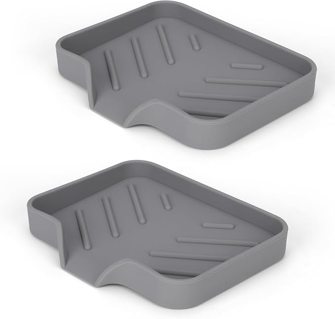 2 Pack Silicone Soap Dish for Shower with Self Draining 4.7"×3.9" Gray | Soap Holder for Bathroom, Silicone Sponge Holder for Kitchen Sink, Soap Tray for Dispenser, Scrubber, Bottle