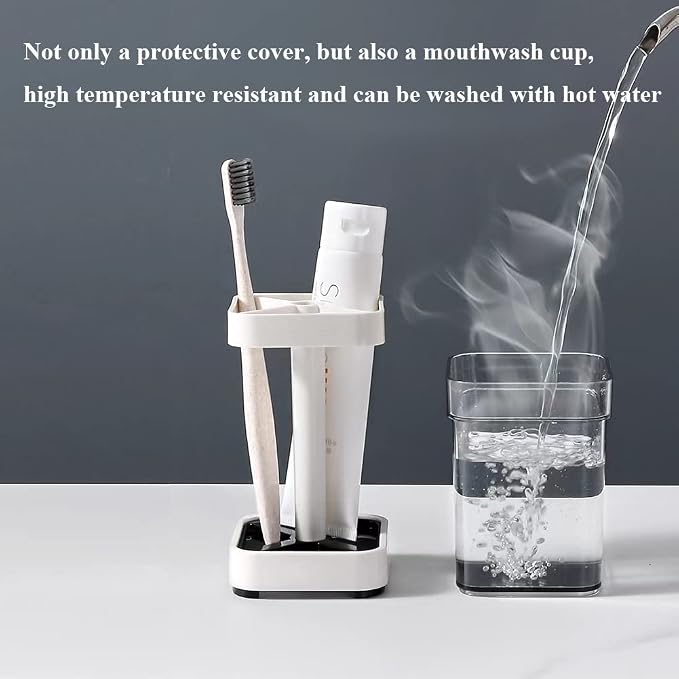 Toothbrush Holder with Cup/Cover Contains 3 Slots, Compatible with Conventional Toothbrushes, Can Store Toothpaste (Rectangle)