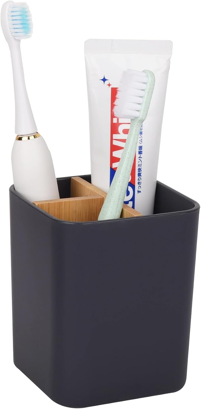 Bamboo Toothbrush Holder for Bathrooms Toothpaste Organizer - Cool Grey | Detachable Inserts, 3 Slots, Bathroom Counter Organizer, for Kids Electric Toothbrushes, Floss, Razors