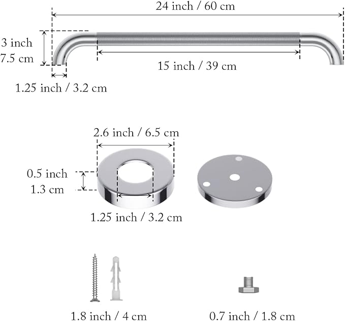 Anti Slip Shower Grab Bar 24 Inch,Chrome Stainless Steel Bath Grab Bar | 2 Packs Knurled Bathroom Safety Rail, Shower Handrail Support, Handicap Elderly Balance Assist Handles-1.25" Diameter