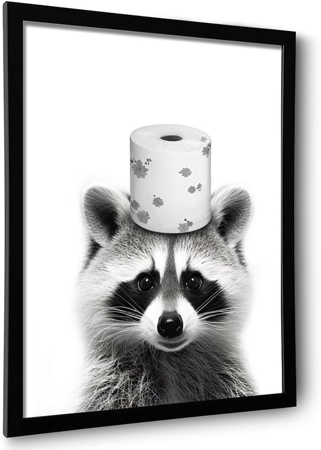 Ardakar Framed Cute Raccoon Wall Art, Funny Bathroom Decor Wall Art, Black and White Canvas Print Farmhouse Wall Decor, Ready to Hang Kid's Room Decoration (Framed,16''x20'')