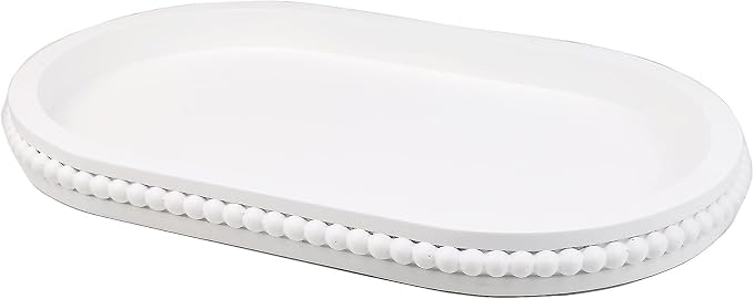 Hrastany Oval Wood Serving Tray with Wooden Beads, Outdoor Farmhouse Decorative Tray for Ottoman, Coffee Table, Kitchen Counter Organizer, Home Decor(White)