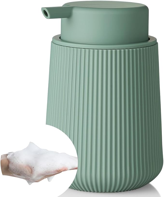 YAUKPH Striped Foaming Hand Soap Dispenser Sage Green | with Leak-Proof Pump for Bathroom and Kitchen Countertop 11oz