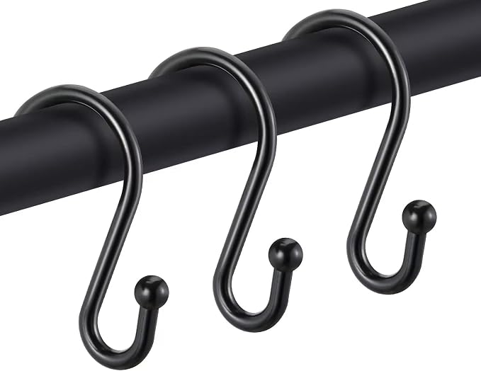 Black Decorative Shower Curtain Hooks 5mm Metal Wire 12PCS S Hooks Shower Curtain Hangers for Bathroom,Clothing,Towels, Kitchen Utensils,Plants (Black)