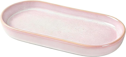 Glossy Pink Ceramic Bathroom Tray for Countertop, Small Vanity Organizer Dish for Perfume, Jewelry, Soap & Toiletries, Oval Decorative Tray for Bathroom, Dresser, Minimalist Home Decor