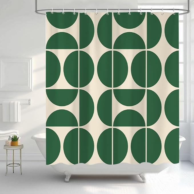 Green Mid Century Modern Shower Curtain, Boho Abstract Geometric Retro Art Bath Curtains for Bathroom, Colorful Unique Pattern Waterproof Polyester Fabric Bathroom Set 12 Hooks 60X72IN
