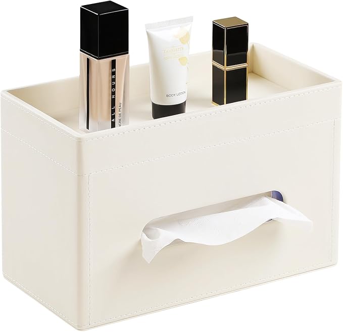 Plus Size Tissue Box Cover, Rectangle Tissue Box Organizer, Beige | Fit 180/230 Count Tissue Boxes, Storage Tray, PU Leather Large Tissue Box Cover, Rectangular Tissue Box Holder for Bathroom