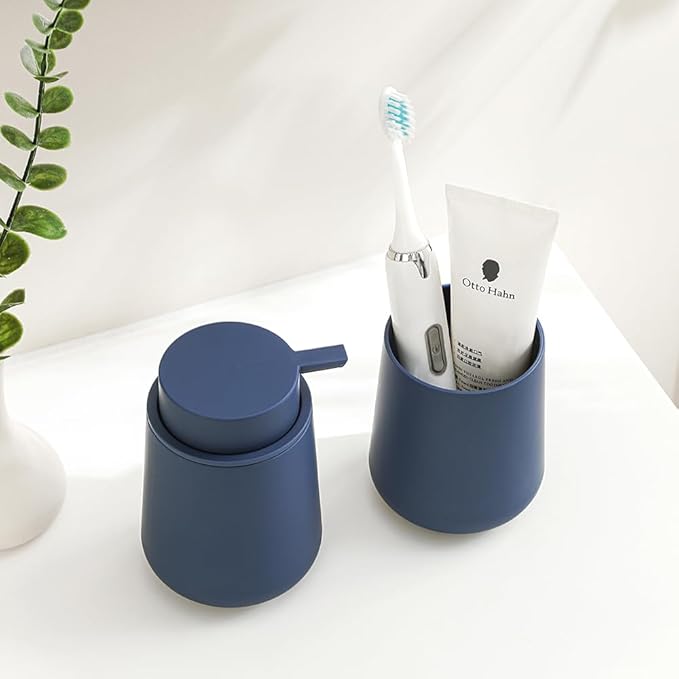 YAUKPH Bathroom Soap Dispenser and Toothbrush Holder Matte Blue | Bathroom Accessories Set 2 Piece for Bathroom Countertop Storage and Decor