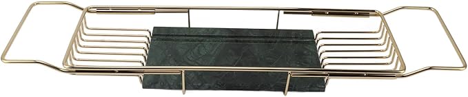 Marhynchus Metal Marble Bathtub Rack, Bathtub Caddy Tray Stainless Steel Shower Caddy Tray with Extending Sides, Bathroom Trays (Gold Green)