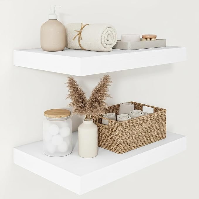 Vivelove Deep Floating Shelves for Wall 16x12” Set of 2, White | Easy Install With Hardware, 2" Thick, Invisible Brackets, Wall Mounted, No Sagging, For Any Room