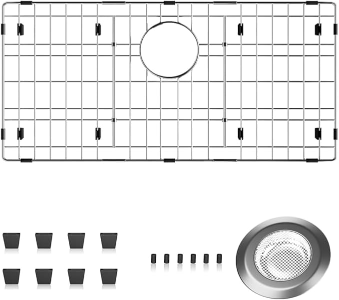 Slideep Sink Bottom Grid, Stainless Steel Sink Protector 28.4"L X 14.2"W Rear Drain Hole, Sink Grate Rack for Bottom of Kitchen Sink Single Bowl with Sink Strainer
