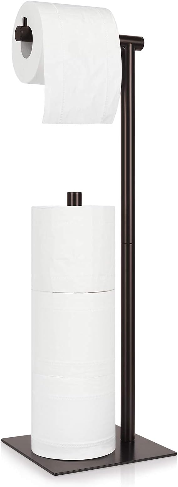 OYEAL Metal Toilet Paper Holder Stand Freestanding TP Holder with Storage | Floor Standing Toilet Paper Roll Dispenser for Bathroom Storage Holds Reserve Mega Rolls, Brown