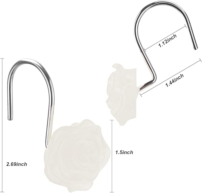 Rose Shower Curtain Hooks, Glow in The Dark, Pretty Floral Themed Elegant Bathroom Decor, White