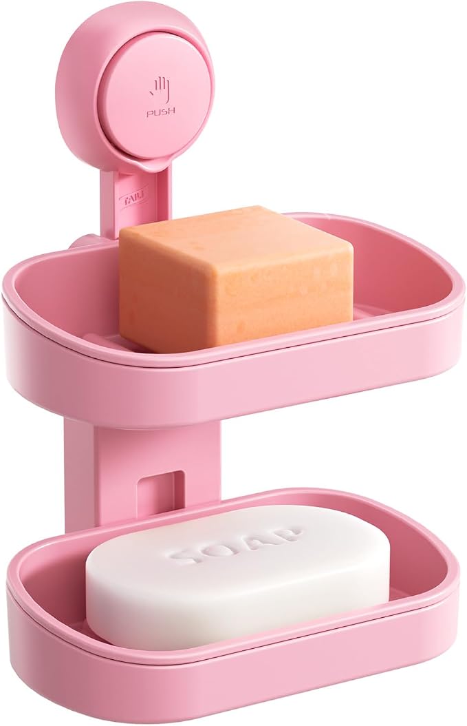TAILI Soap Holder, Soap Dish for Shower Suction Cup, Bar Soap Holder, Pink | 2 Layer Removable Soap Holder Shower, Soap Tray for Shower Wall, Drill Free Sponge Holder, Bathroom & Kitchen, No drill