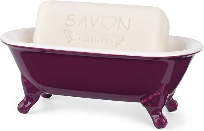6.5" Ceramic Mini Decorative Clawfoot Bathtub Bar Soap Dish, Kitchen Sponge Holder and Shower Tray for Bathroom, 1 Pack(Burgundy)