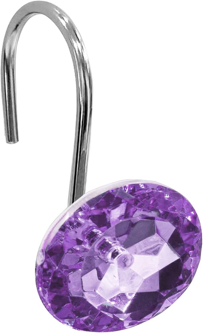 Crystal Diamond Round Shower Curtain Hooks Rings for Bathroom,Purple,12PCS | Acrylic Decorative Rhinestones Bling Shower Hooks Rings,for Bathroom Curtains Rod,Gem Metal Rust Proof Shower Hangers