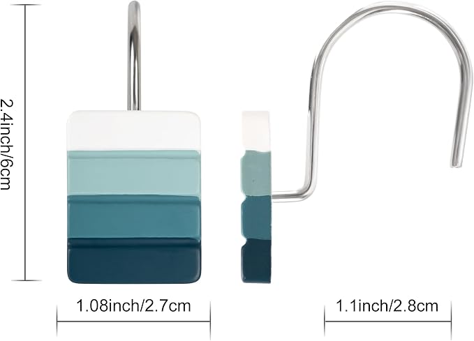 Sunlit Ombre Teal Decorative Shower Curtain Hooks, Teal White Gradient Shower Curtain Rings, Resin, Bathroom Decoration Stripes Shower Curtain Hangers, 12 Pack