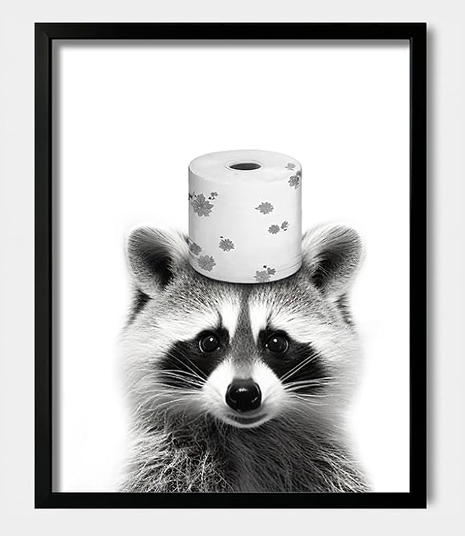 Ardakar Framed Cute Raccoon Wall Art, Funny Bathroom Decor Wall Art, Black and White Canvas Print Farmhouse Wall Decor, Ready to Hang Kid's Room Decoration (Framed,16''x20'')