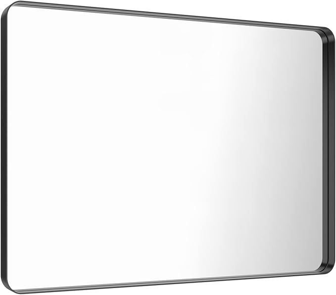 LOAAO 48X30 Inch Black Metal Framed Bathroom Mirror for Wall, Matte Black Bathroom Vanity Mirror Farmhouse, Large Rounded Rectangle Mirror, Anti-Rust, Tempered Glass, Hangs Horizontally or Vertically | Matte Black, Rounded Rectangle, Anti-Rust, Tempere...