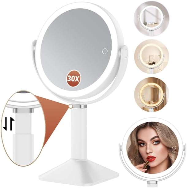 Lighted Makeup Mirror with Lights, Height Adjustable 30X Magnifying Vanity Mirror with 4000mAh Rechargeable Battery & 3 Colors Dimming Light for Desktop Bathroom Bedroom