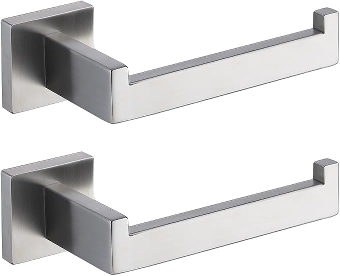 TASTOS Toilet Paper Holder Brushed Nickel 2 Pack, Toilet Tissue Roll Holders Dispenser and Hangers Wall Mounted for Bathroom & Kitchen, Stainless Steel Modern Square Style (Silver)