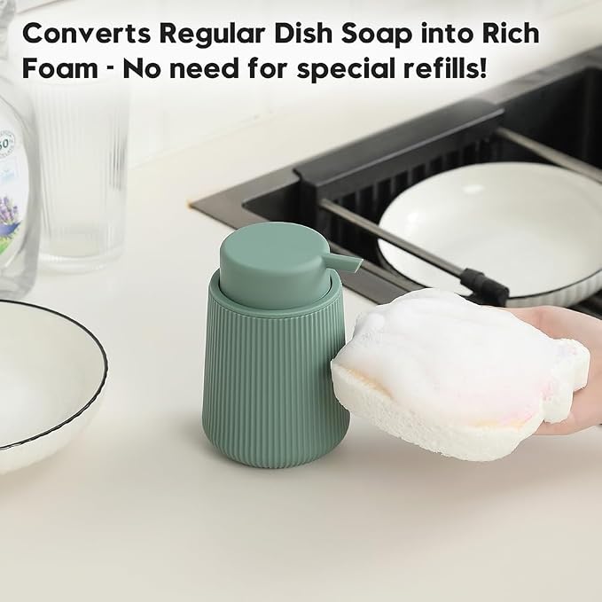 YAUKPH Striped Foaming Hand Soap Dispenser Sage Green | with Leak-Proof Pump for Bathroom and Kitchen Countertop 11oz