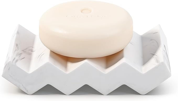 Bar Soap Holder Diatomite Soap Dish Sponge Caddy, Marble White | Self Draining, Fast Drying, Soap Saver, for Shower, Bathroom, Kitchen Sink