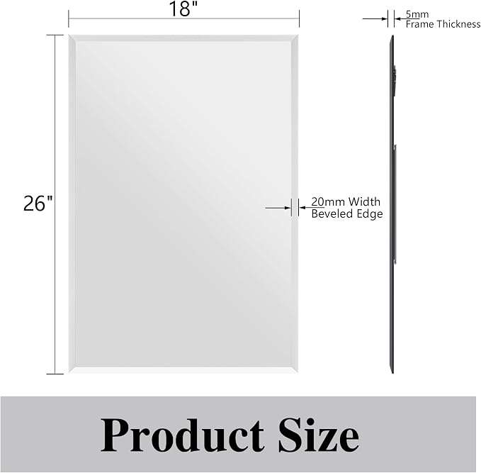 Frameless Bathroom Mirror, 18" x 26" Beveled Wall Mirror | 5mm HD glass, 20mm beveled edge, frameless, anti-rust, shatterproof, french cleat, horizontally or vertically