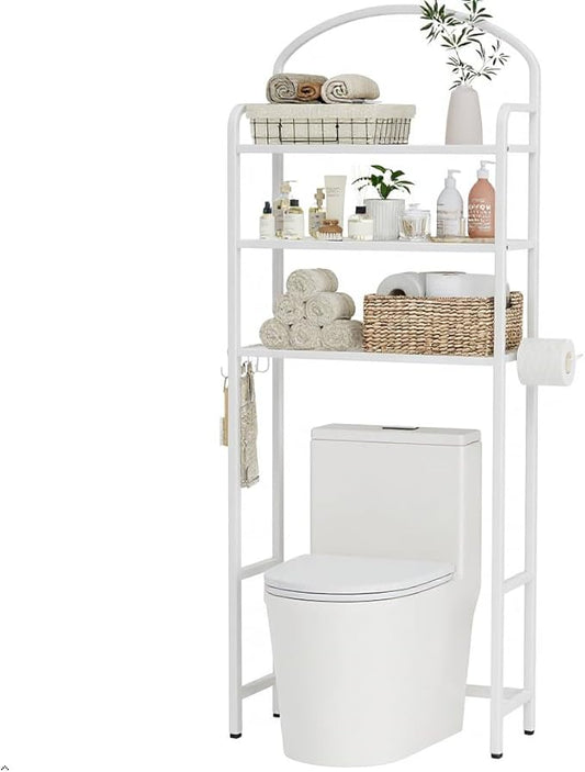 3 Tier Over The Toilet Storage Rack, Bathroom Organizer | Toilet Storage with 4 Hooks & Paper Holder, Space-Saving, Freestanding Bathroom Shelf, Metal, White