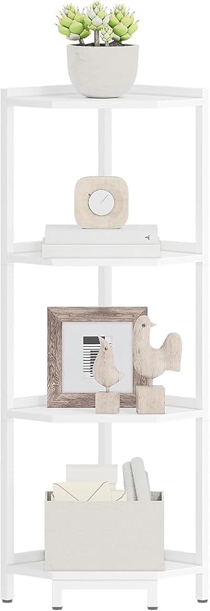 Hzuaneri Corner Shelf Stand 4-Tier Corner Bookshelf Storage Standing Shelf | Bookcase Plant Stand with Metal Frame for Living Room, Home Office, Bedroom, White CS05813W